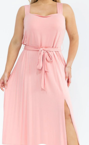 PLUS SIZE SLEEVELESS SQUARE NECK SELF TIE MIDI DRESS