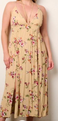 PLUS SIZE SLEEVELESS V-NECK OPEN BACK FLORAL MAXI DRESS