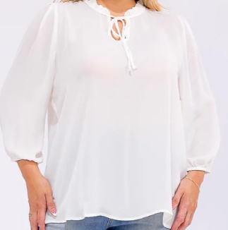 PLUS SIZE LONG SLEEVE V-NECK WOVEN BLOUSE