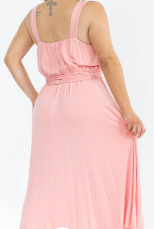 PLUS SIZE SLEEVELESS SQUARE NECK SELF TIE MIDI DRESS