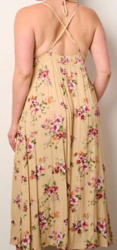 PLUS SIZE SLEEVELESS V-NECK OPEN BACK FLORAL MAXI DRESS