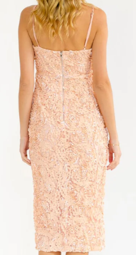 WOMEN'S SLEEVELESS FRONT SLIT FLORAL DETAILED MIDI DRESS