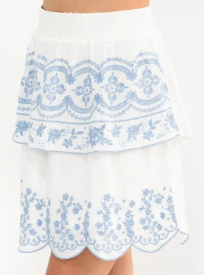 TIERED RUFFLE EMBROIDERY MINI SKIRT